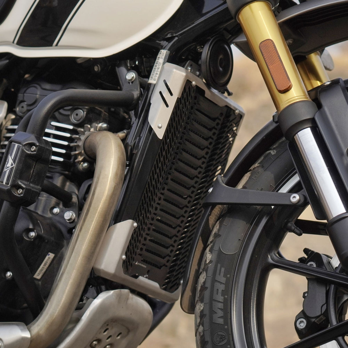 Auto Engina Black-Silver aluminium and stainless steel radiator guard for Triumph Scrambler 400X motorcycle