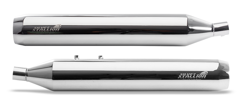 Silver Stallion Longshot performance exhaust installed on Royal Enfield Super Meteor 650 with premium silver finish