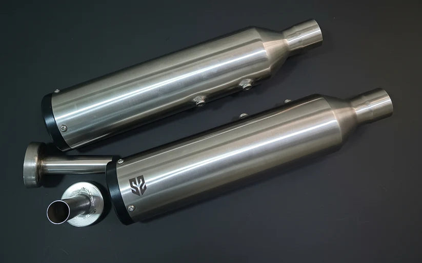 SS Motocorp Slip-On Exhaust Pair for Royal Enfield Super Meteor 650 Steel Finish with DB Killers