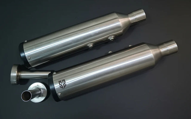 SS Motocorp Slip-On Exhaust Pair for Royal Enfield Super Meteor 650 Steel Finish with DB Killers
