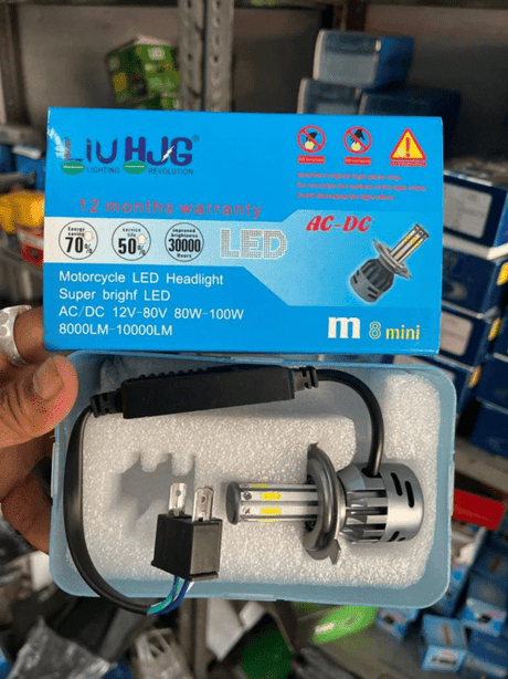 HJG M8 ORIGINAL 100W LED Headlight Bulb H4 For All Motorcycles (Low and High Beam Bulbs (White) AC/DC 100Watt 8 Side Chip) - Type H4