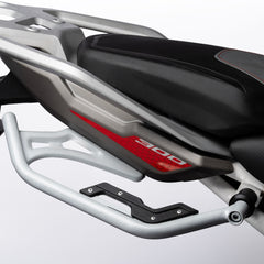 Auto Engina Mirage Silver Saddle Stay installed on TVS Apache RTX 300 for soft saddle bag and touring luggage support
