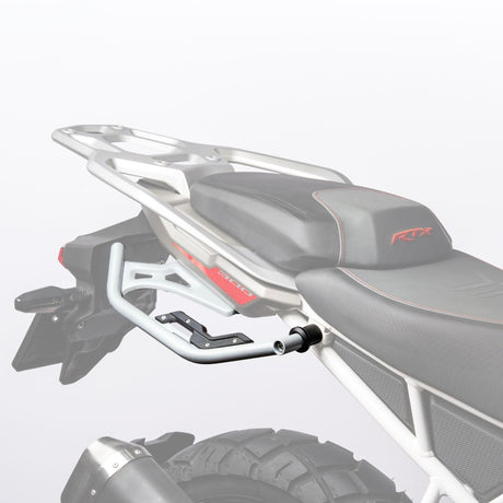 Auto Engina Mirage Silver Saddle Stay installed on TVS Apache RTX 300 for soft saddle bag and touring luggage support