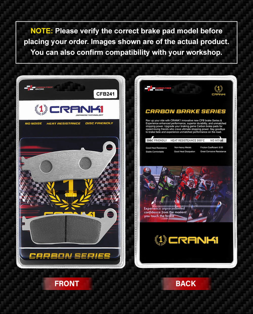 CRANK1 CFB241 carbon front brake pads for Triumph Bonneville T100 2017 onwards