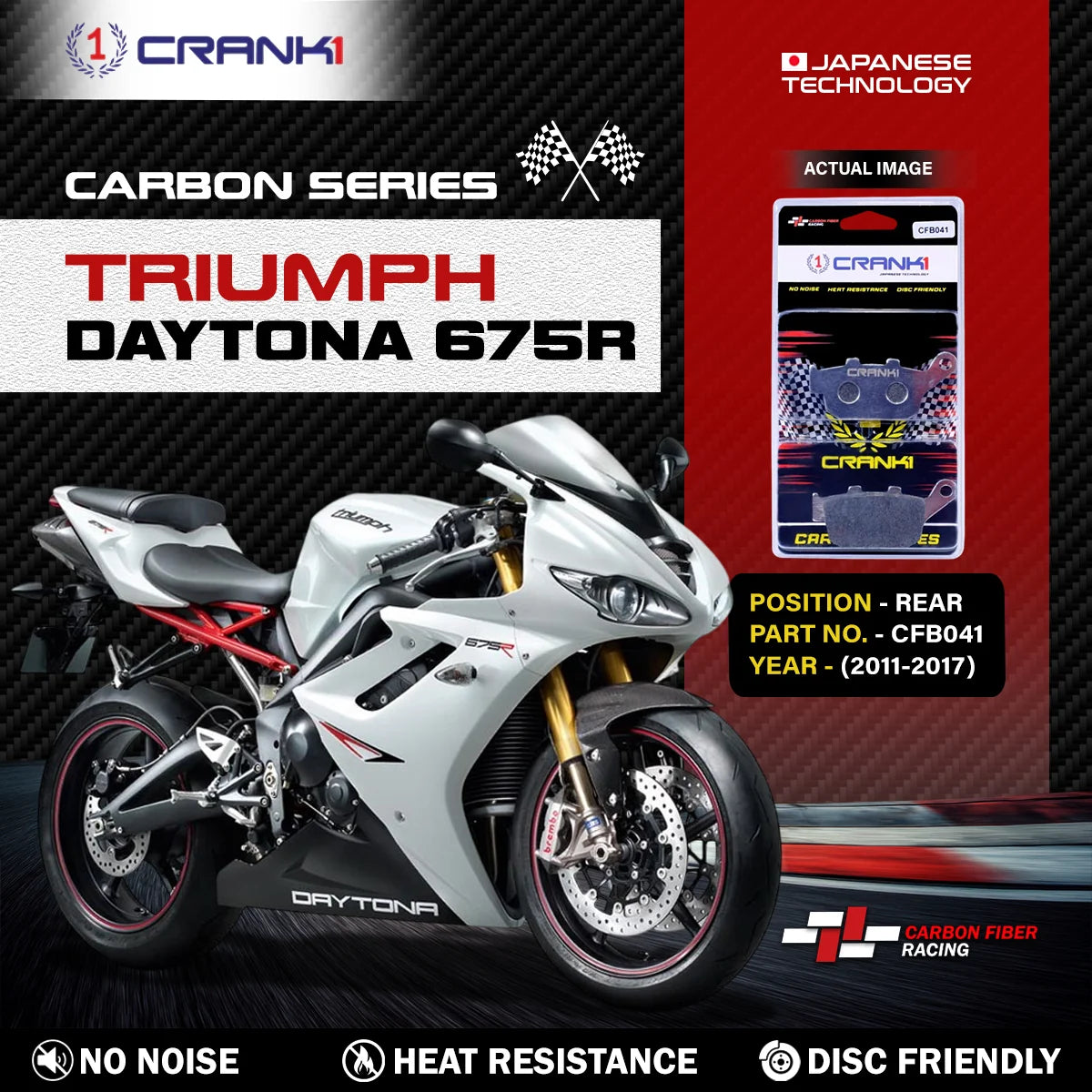 CRANK1 CFB041 carbon rear brake pads for Triumph Daytona 675R 2011-2017