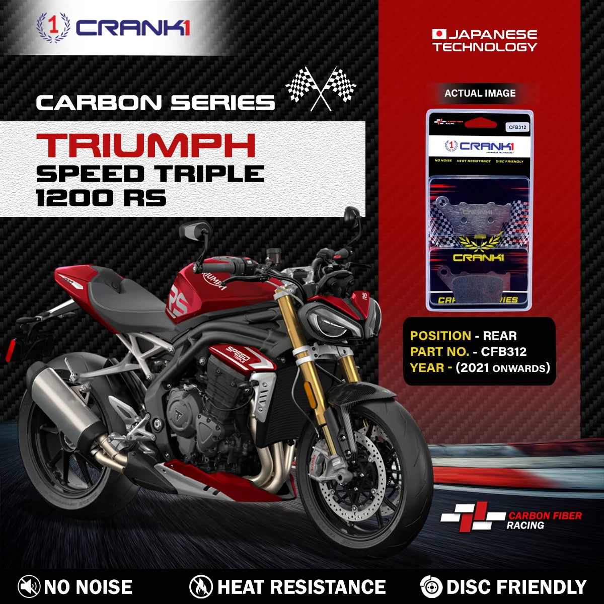 CRANK1 Carbon Rear Brake Pads CFB312 for Triumph Speed Triple 1200 RS 2021 Onwards Carbon Kevlar Motorcycle Rear Disc Brake Pads