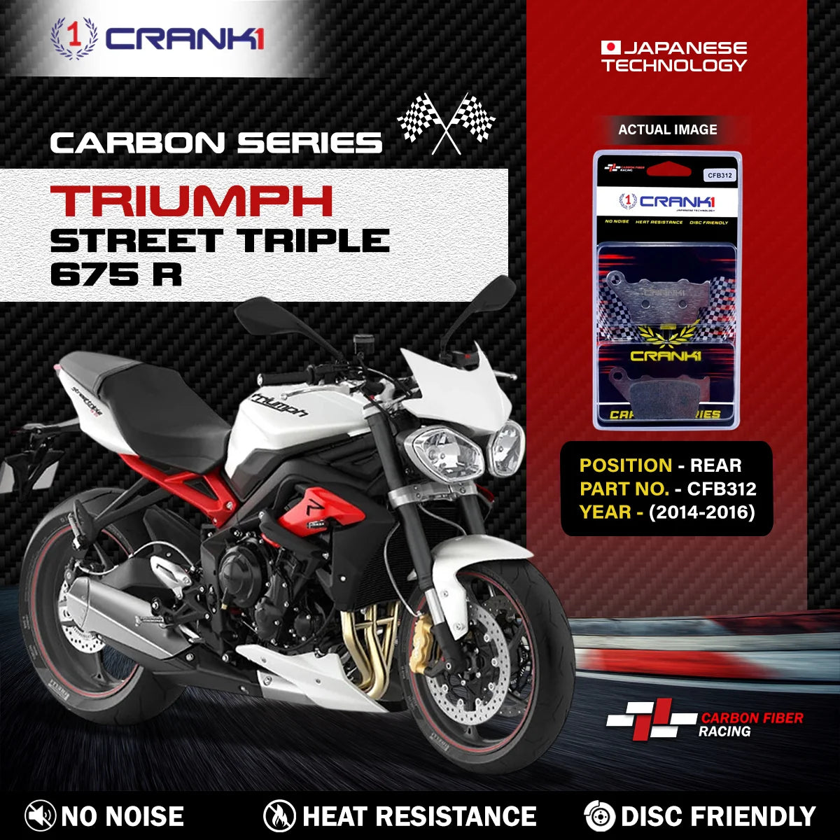 CRANK1 Carbon Rear Brake Pads CFB312 for Triumph Street Triple 675 R 2014-2016 Carbon Kevlar Motorcycle Rear Disc Brake Pads