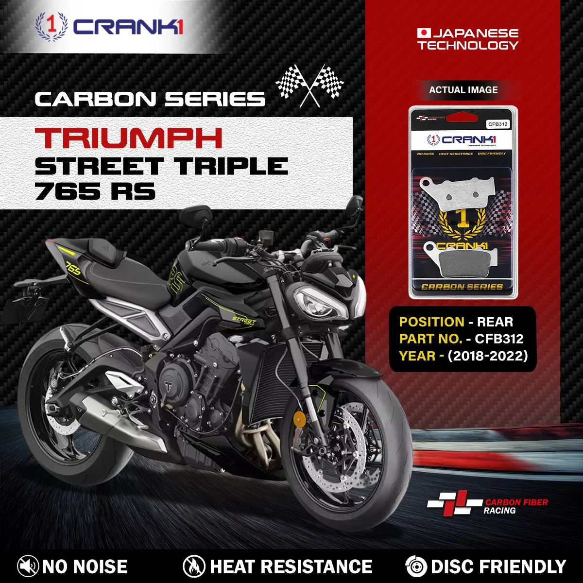CRANK1 Carbon Rear Brake Pads CFB312 for Triumph Street Triple 765 RS 2018-2022 Carbon Kevlar Motorcycle Rear Disc Brake Pads
