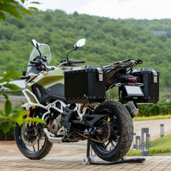 Auto Engina 72L Black Aluminium Panniers for TVS Apache RTX 300 Motorcycle