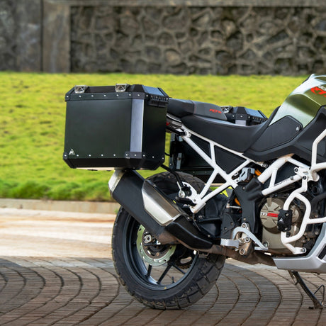 Auto Engina 72L Black Aluminium Panniers for TVS Apache RTX 300 Motorcycle