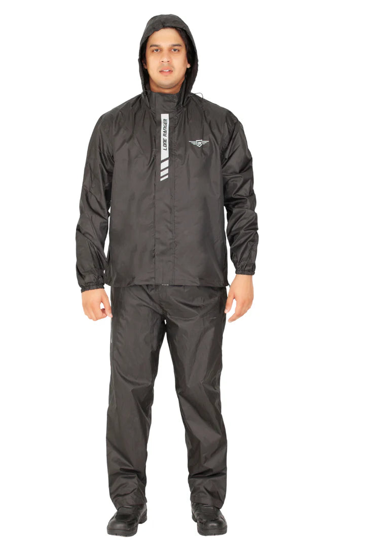 Lone Ranger Black Waterproof Motorcycle Rain Suit Jacket and Pants Set with Reflective Strips