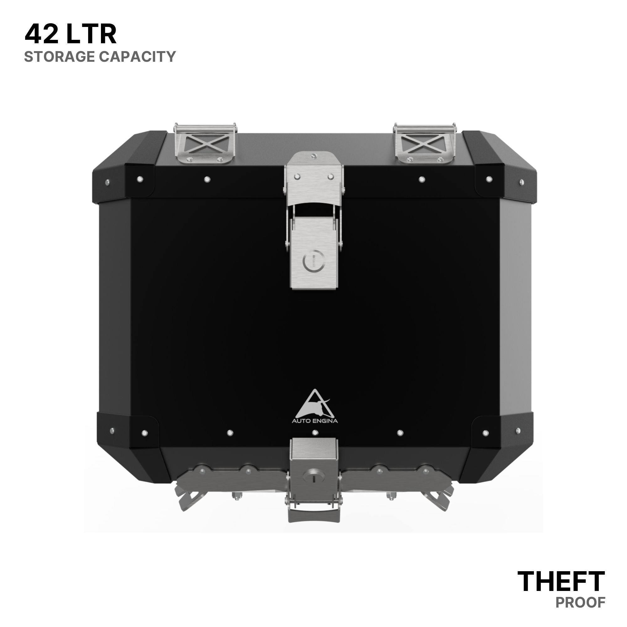 Auto Engina 42L Black Aluminium Top Box for TVS Apache RTX 300 Adventure Motorcycle