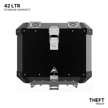 Auto Engina 42L Black Aluminium Top Box for TVS Apache RTX 300 Adventure Motorcycle