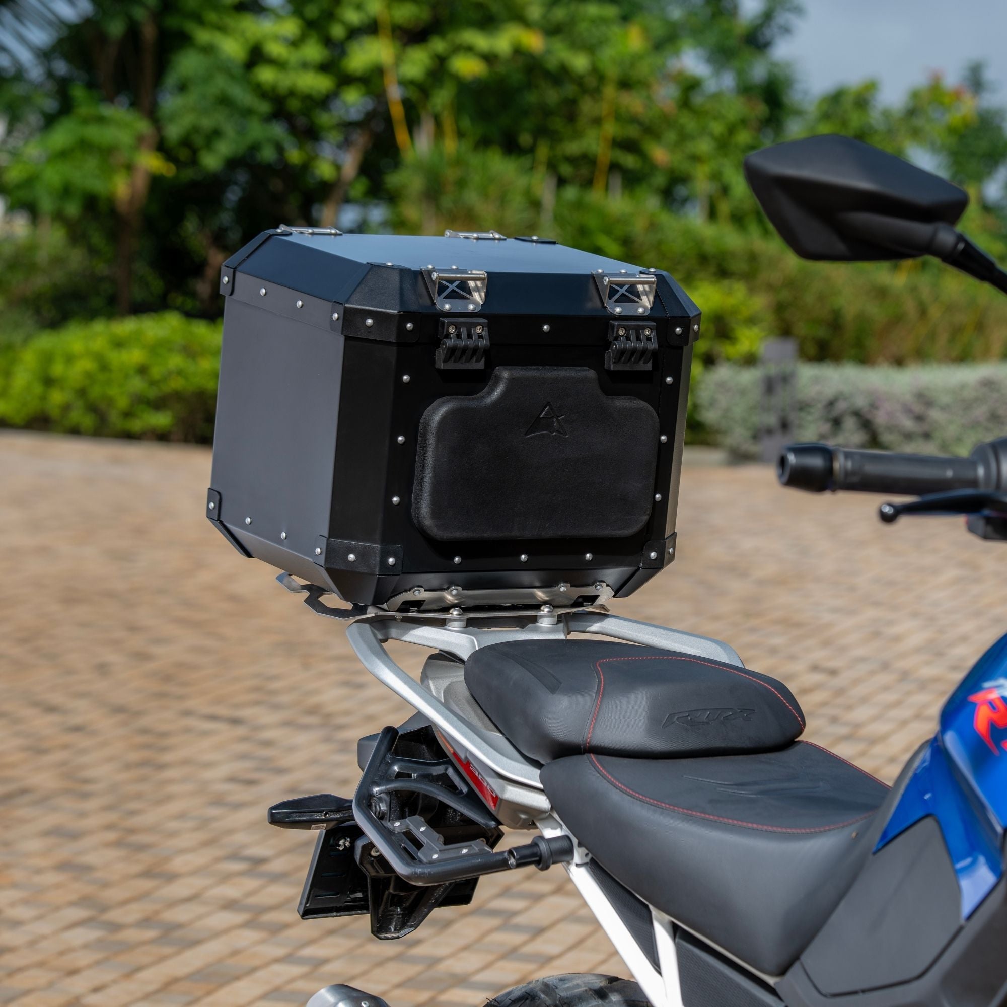 Auto Engina 42L Black Aluminium Top Box for TVS Apache RTX 300 Adventure Motorcycle