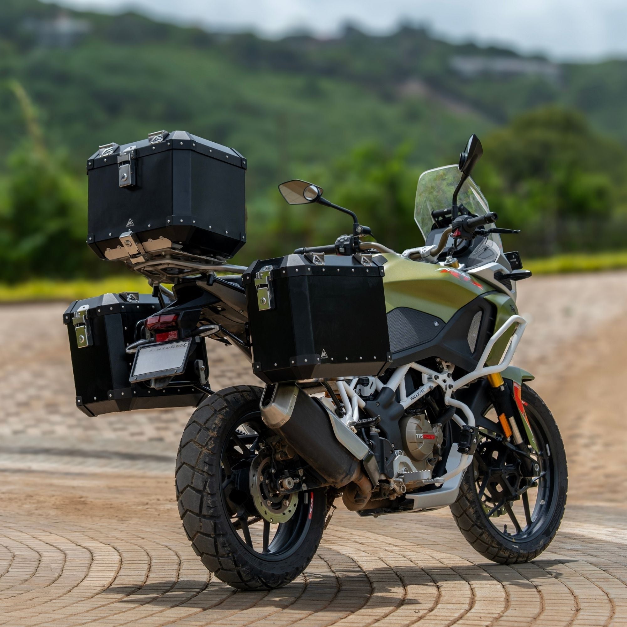 Auto Engina 42L Black Aluminium Top Box for TVS Apache RTX 300 Adventure Motorcycle