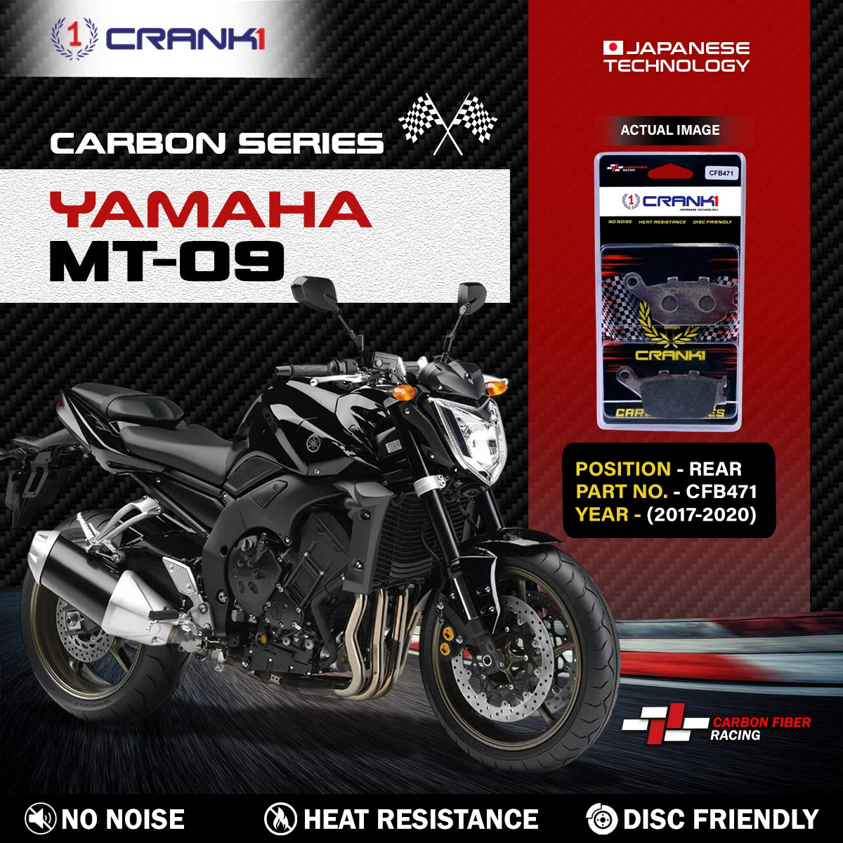 CRANK1 CFB471 Carbon Rear Brake Pads for Yamaha MT-09 2017-2020