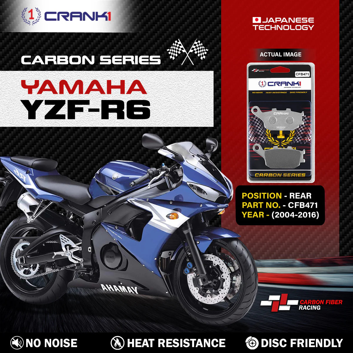 CRANK1 CFB471 carbon rear brake pads for Yamaha YZF-R6 2004 motorcycle