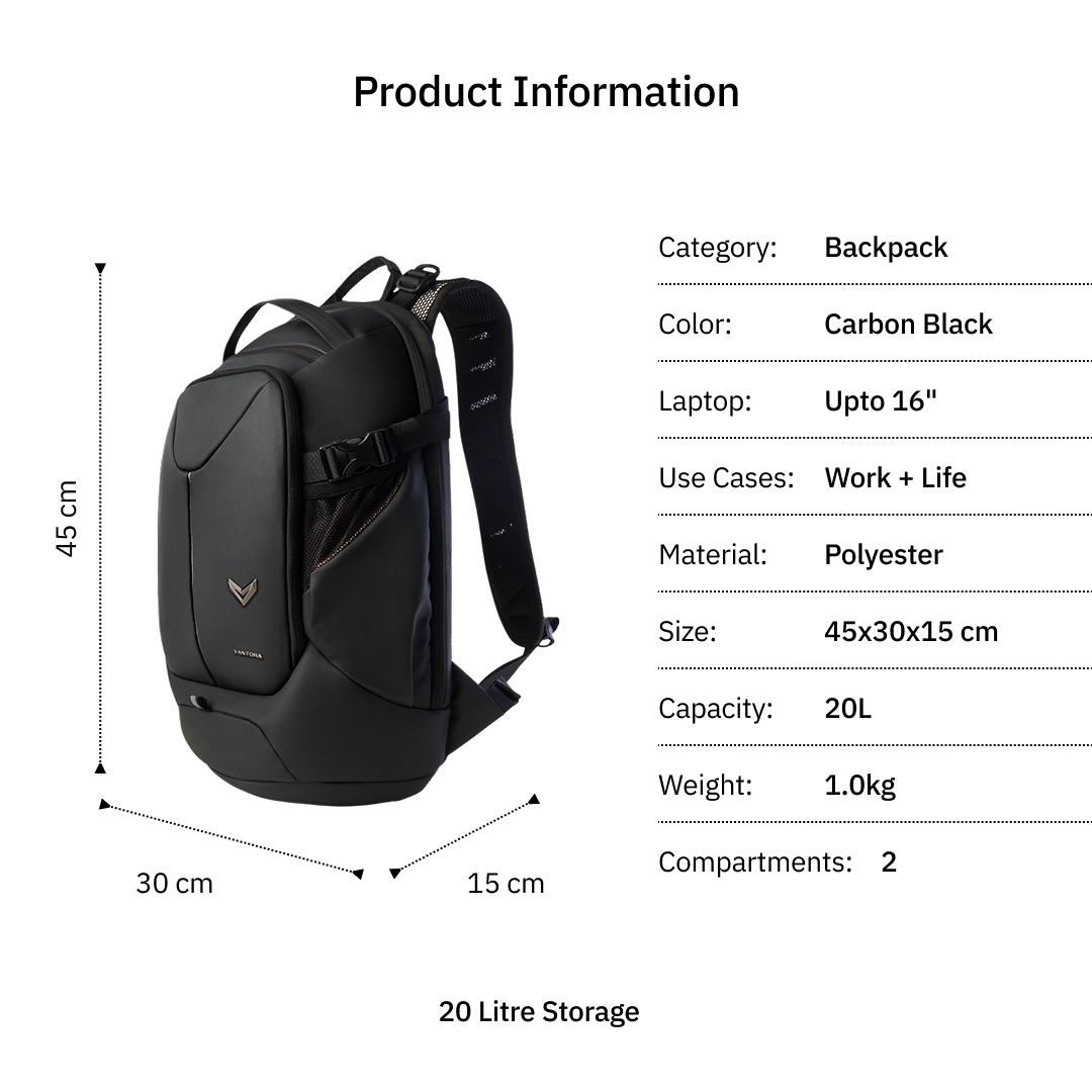 Vantora VELAR 20L Carbon Black Laptop Backpack for Work, College & Daily Commute