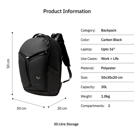 Vantora LYCAN 30L Carbon Black Laptop Backpack for Work, Commute, Travel & Daily Carry