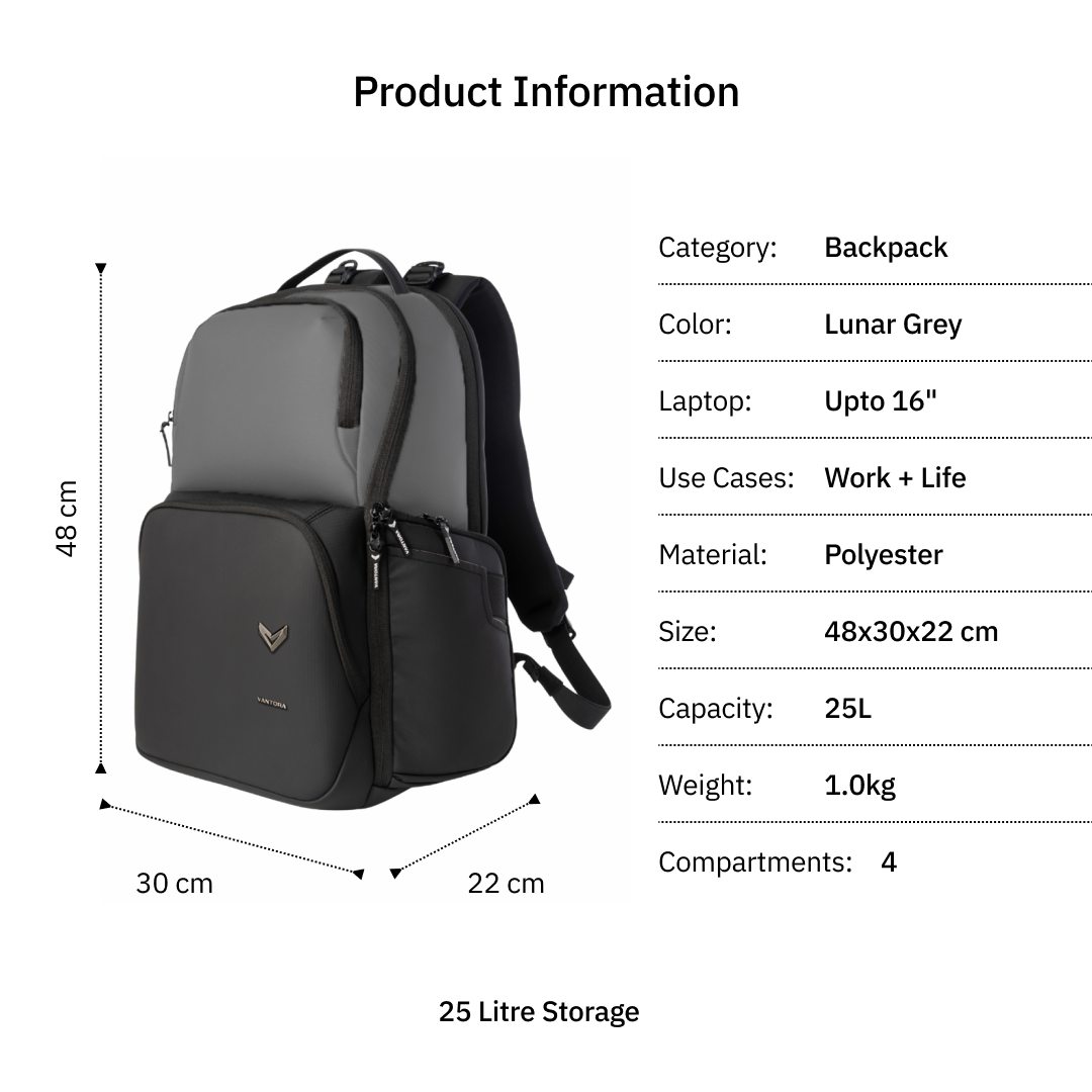 Vantora LEXOR 25L Water-Resistant Laptop Backpack for Work and Commute with 16-Inch Laptop and 12.9-Inch Tablet Compatibility