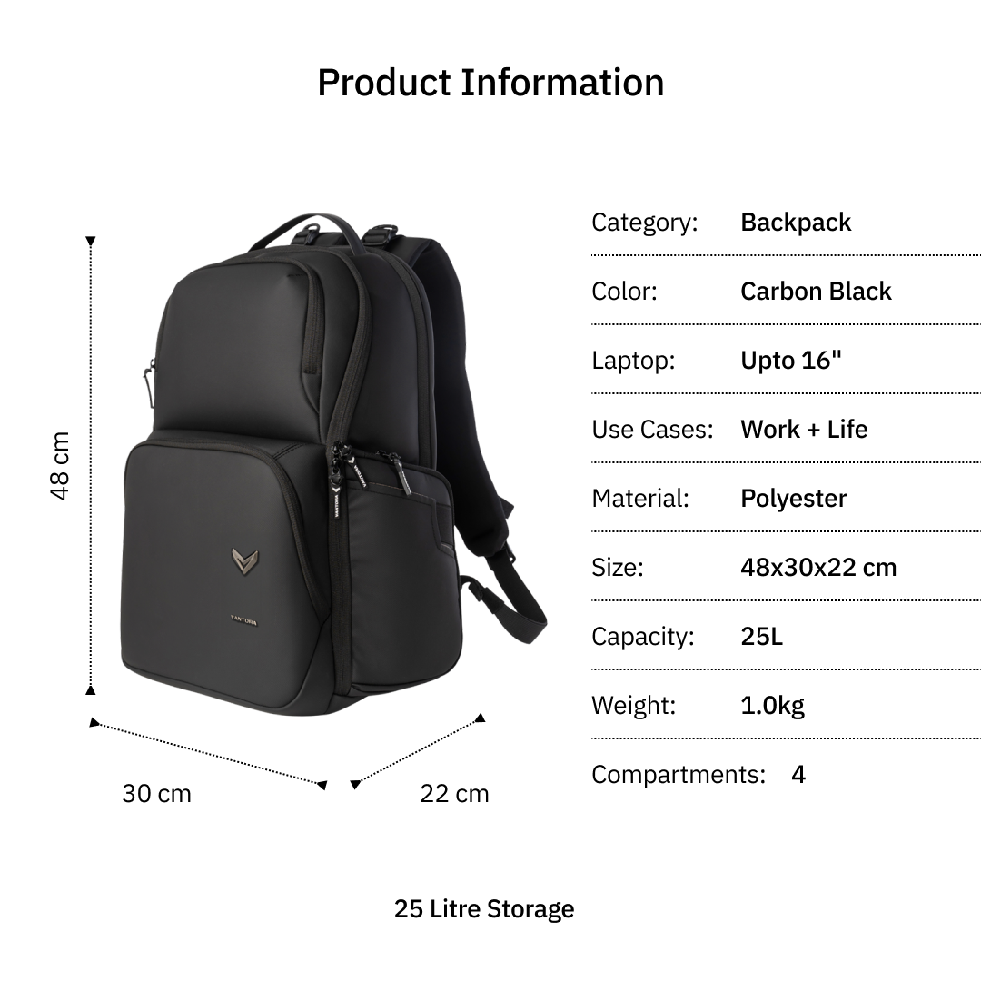 Vantora LEXOR 25L Water-Resistant Laptop Backpack for Work and Commute with 16-Inch Laptop and 12.9-Inch Tablet Compatibility