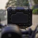 Auto Engina 42L Aluminium Top Box for Royal Enfield Guerrilla 450 in black with rack plate, inner bag and backrest