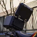 Auto Engina 42L Aluminium Top Box for Royal Enfield Guerrilla 450 in black with rack plate, inner bag and backrest