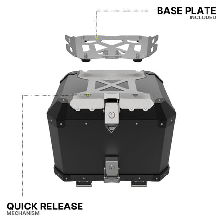 Auto Engina 42L Aluminium Top Box for Royal Enfield Guerrilla 450 in black with rack plate, inner bag and backrest